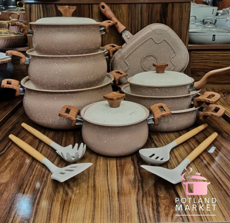 سرویس قابلمه 16 پارچه چدن گرانیت هاناتک ، مدل کلاسیک رنگ نسکافه ایی