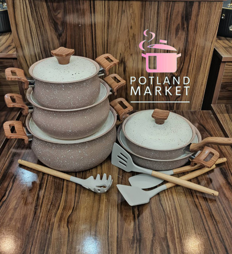 سرویس قابلمه چدن گرانیت 10 پارچه هاناتک مدل کلاسیک رنگ نسکافه ایی