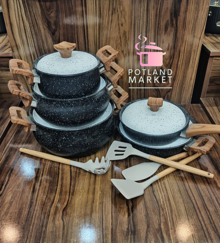 سرویس قابلمه چدن گرانیت 10 پارچه هاناتک مدل کلاسیک رنگ مشکی