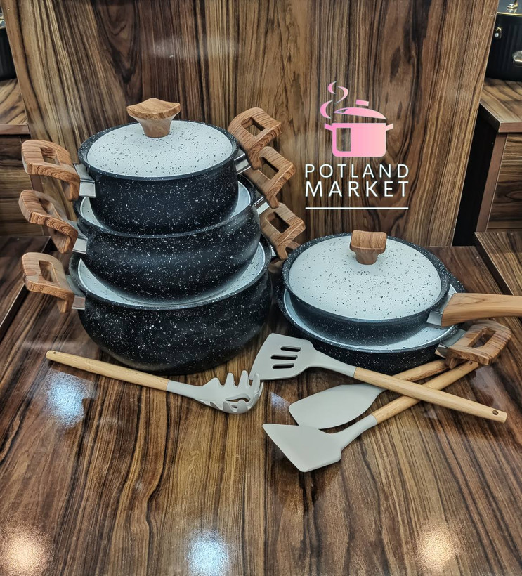 سرویس قابلمه چدن گرانیت 10 پارچه هاناتک مدل کلاسیک رنگ مشکی