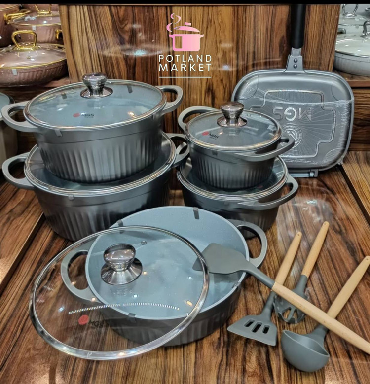 سرویس قابلمه ۱۵ پارچه MGS مدل جرمن D رنگ خاکستری