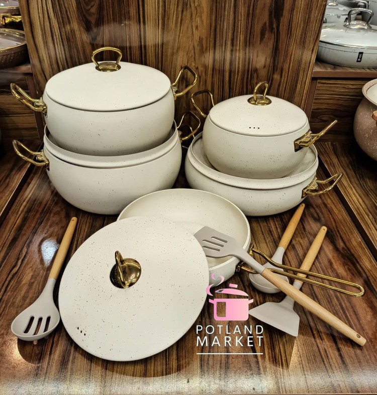 سرویس قابلمه 10 پارچه هاناتک دسته طلایی مدل آلمان رنگ کرم