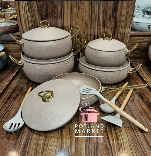 سرویس قابلمه 10 پارچه هاناتک دسته طلایی رنگ نسکافه ایی