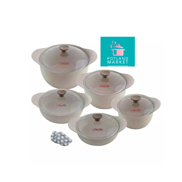 سرویس قابلمه ۱۰ پارچه هاناتک مدل دایکاست با درب پیرکس رنگ کرم