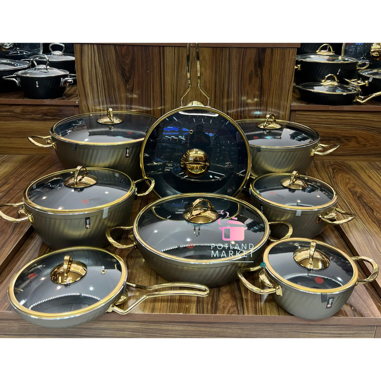 سرویس قابلمه ۱۶ پارچه یراق طلایی mgs رنگ تیتانیوم