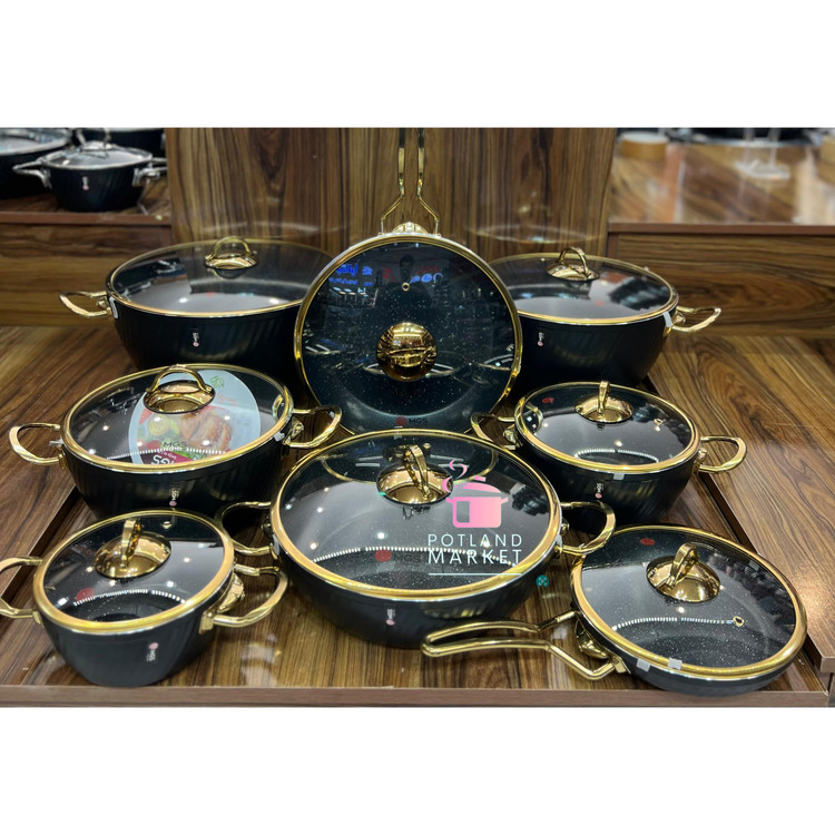 سرویس قابلمه ۱۶ پارچه یراق طلایی mgs رنگ مشکی