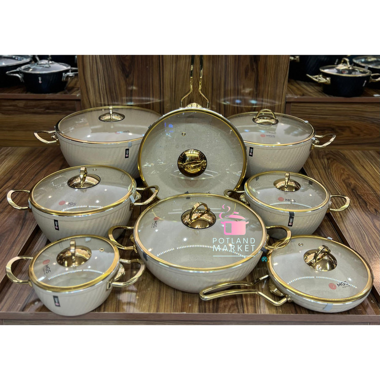 سرویس قابلمه ۱۶ پارچه یراق طلایی mgs رنگ کرم