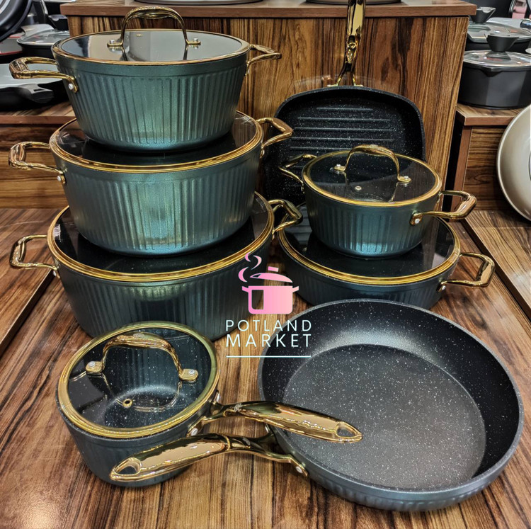 سرویس قابلمه14 پارچه KZP مدل آلما رنگ سبز متالیک