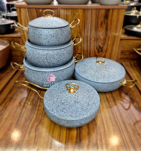 سرویس قابلمه 10 پارچه هاناتک دسته طلایی رنگ طوسی