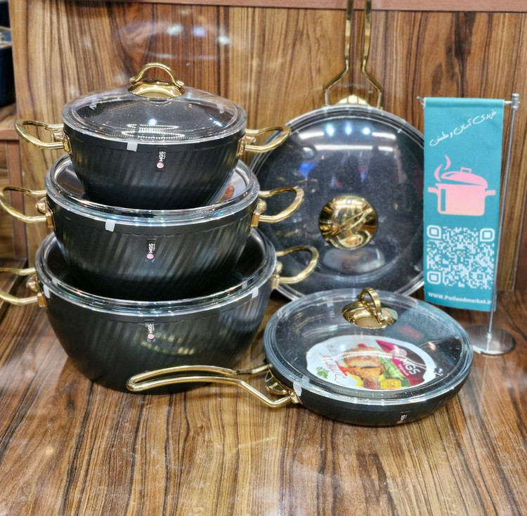 سرویس قابلمه ۱۰ پارچه یراق طلاییmgs رنگ مشکی