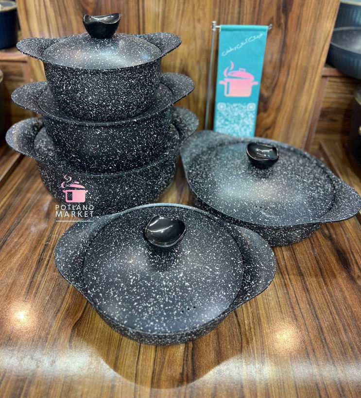 سرویس قابلمه ۱۰ پارچه هاناتک مدل دایکاست رنگ مشکی با درب فلز