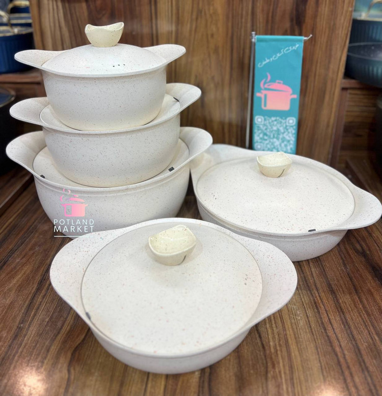 سرویس قابلمه ۱۰ پارچه هاناتک مدل دایکاست رنگ کرم با درب فلز