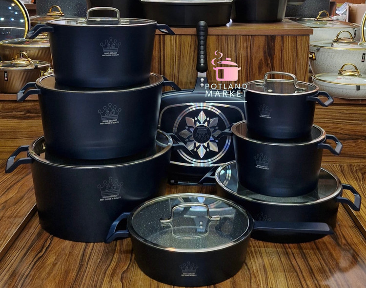 سرویس قابلمه چدن گرانیت ۱۶ پارچه برند sg مدل آدنا رنگ سرمه ایی