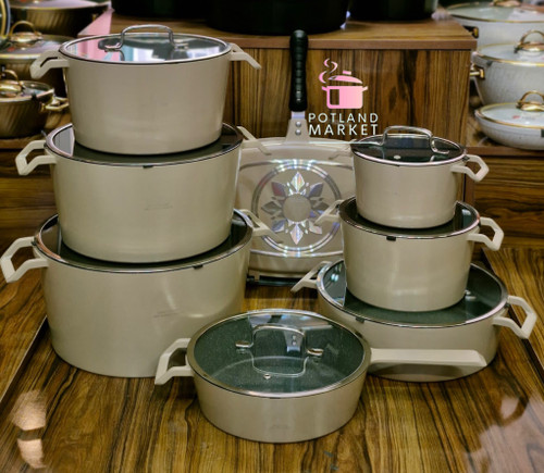 سرویس قابلمه چدن گرانیت ۱۶ پارچه برند sg مدل اکا رنگ نسکافه ایی