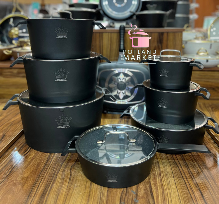 سرویس قابلمه چدن گرانیت ۱۶ پارچه برند sg مدل آدنا رنگ مشکی