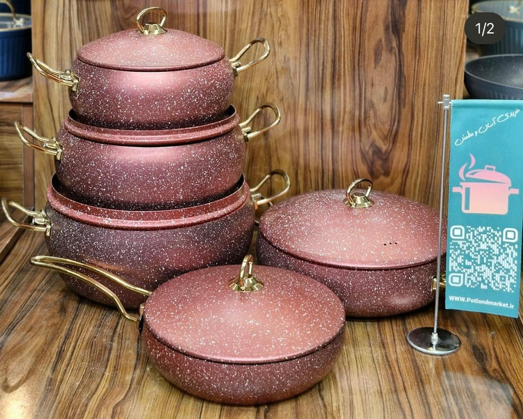 سرویس قابلمه 10 پارچه هاناتک دسته طلایی مدل آلمان رنگ زرشکی