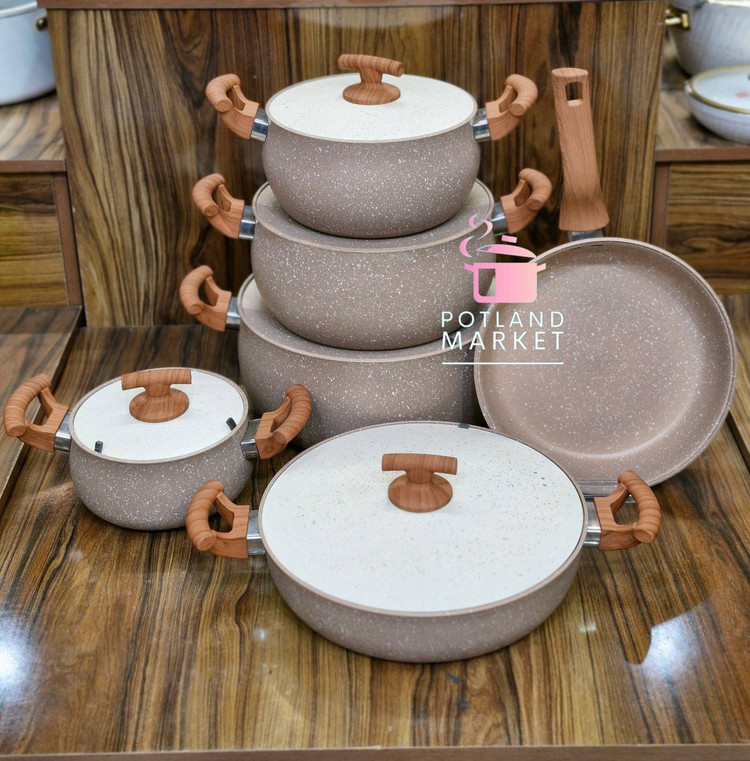 سرویس قابلمه چدن گرانیت ١١ پارچه هاناتک رنگ نسکافه ایی