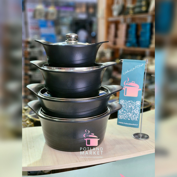 سرویس قابلمه ٨ پارچه چدن گرانیت اقتصادی و ارزان رزکالا رنگ مشکی