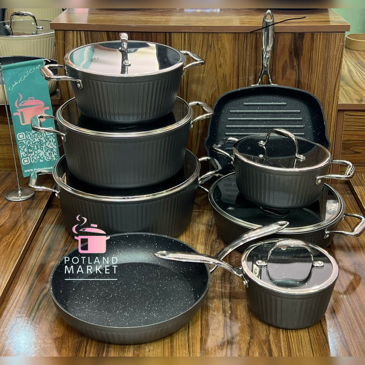 سرویس قابلمه چدن گرانیت ۱۴ پارچه kzp دسته کروم رنگ طوسی