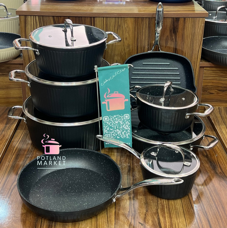 سرویس قابلمه چدن گرانیت ۱۴ پارچه kzp دسته کروم رنگ مشکی