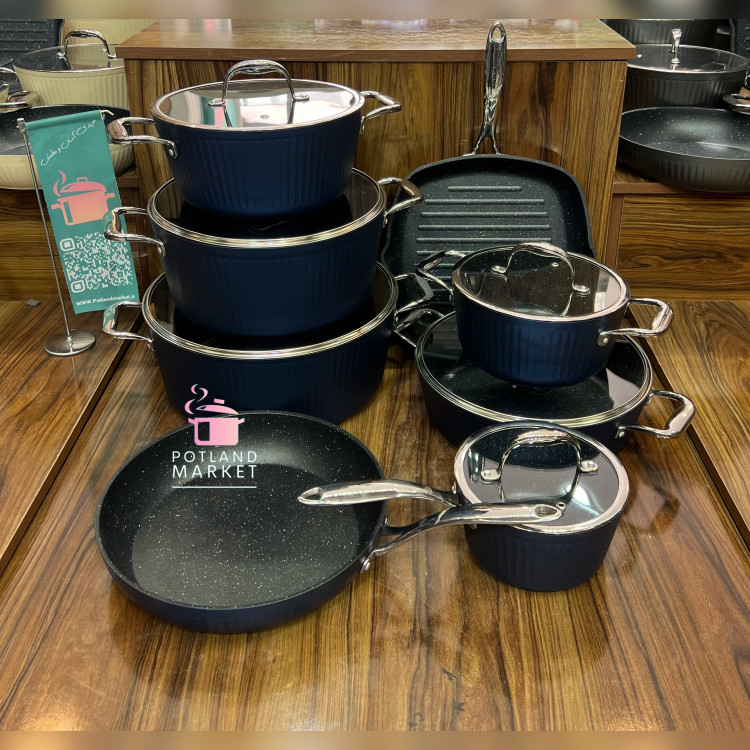 سرویس قابلمه چدن گرانیت ۱۴ پارچه kzp دسته کروم رنگ آبی