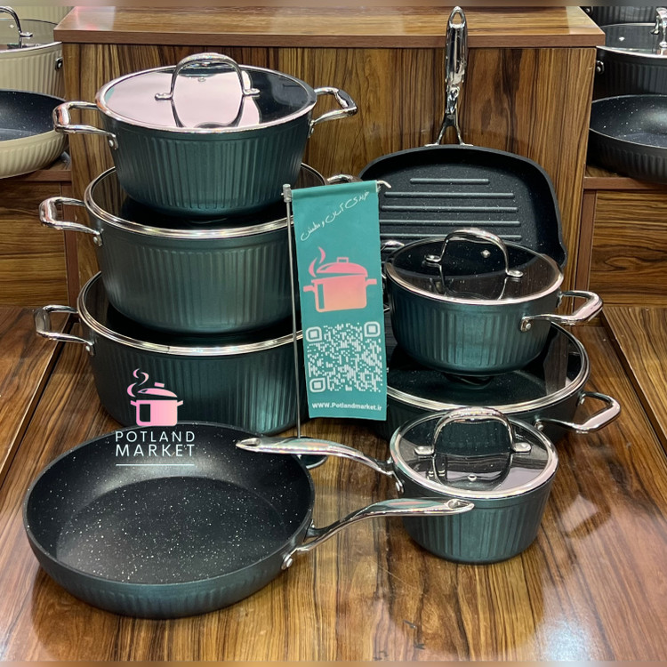 سرویس قابلمه چدن گرانیت ۱۴ پارچه kzp دسته کروم رنگ سبز