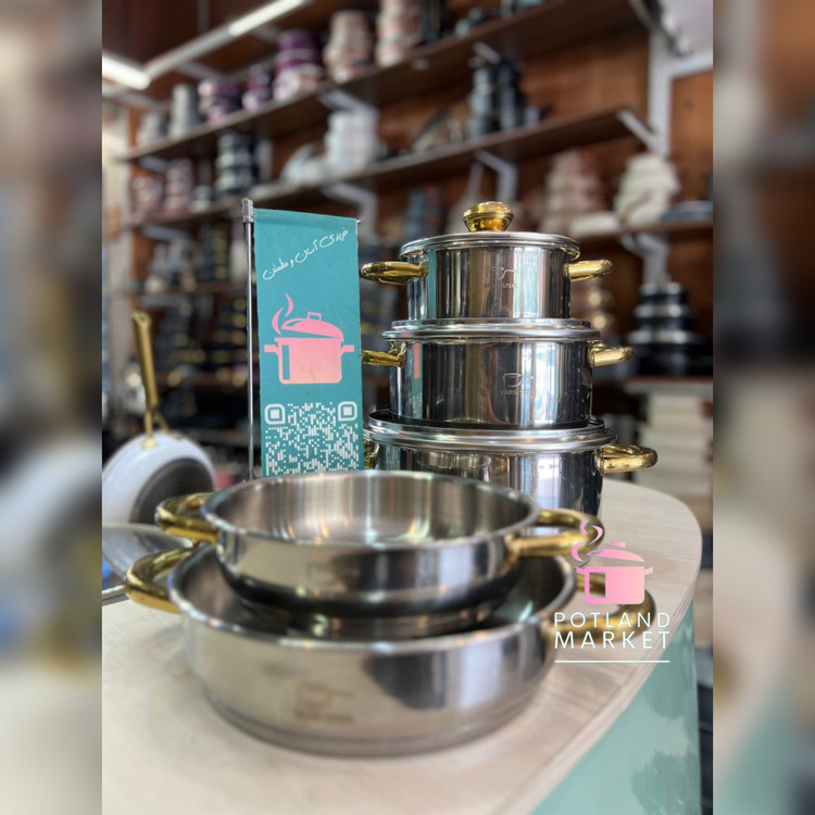 خرید سرویس قابلمه استیل ۸ پارچه دسته طلایی پارس استیل