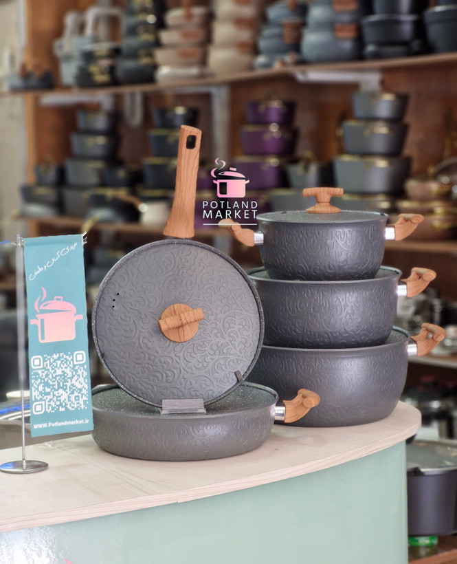 سرویس قابلمه ۱۰ پارچه چدن گرانیت هاناتک مدل طرح برجسته/رنگ طوسی