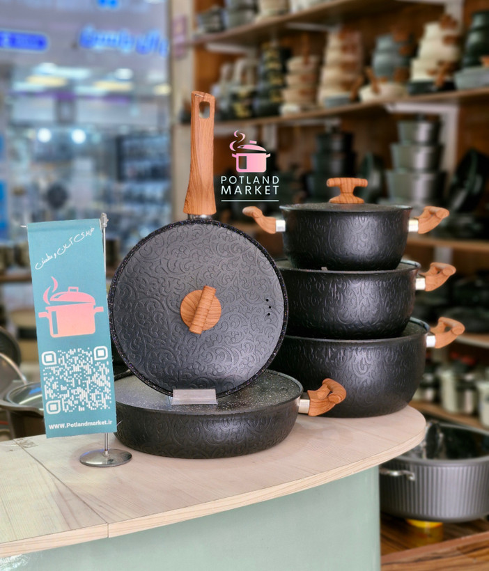 سرویس قابلمه ۱۰ پارچه چدن گرانیت هاناتک مدل طرح برجسته /رنگ مشکی