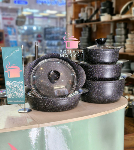 تخفیف بلک فرایدی سرویس قابلمه چدن گرانیت ۱۰ پارچه هاناتک مدل دایکاست با درب پیرکس