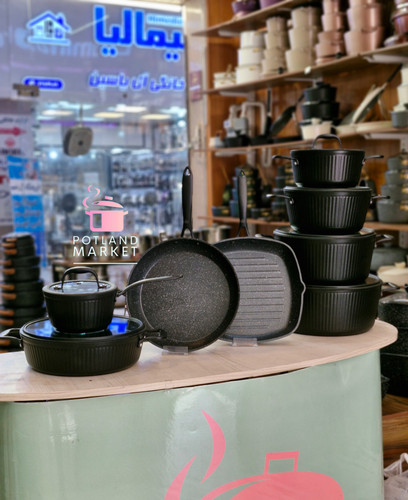 سرویس قابلمه ۱۴ پارچه کی زد پی kzp رنگ مشکی دسته مشکی