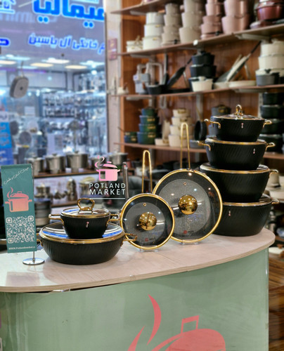 قیمت و خرید سرویس قابلمه ۱۶ پارچه ام جی اس mgs ( دسته طلایی) رنگ مشکی