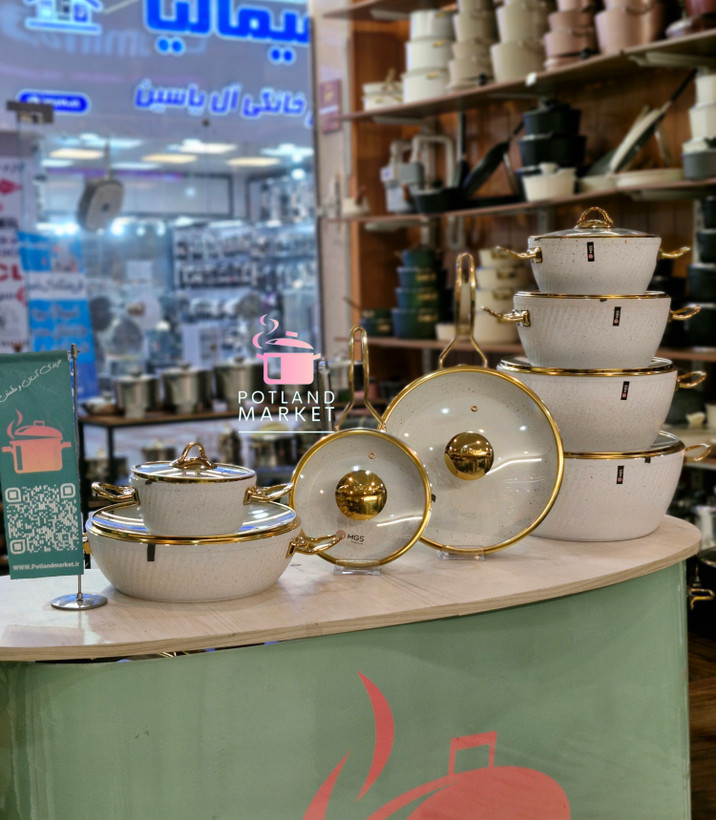 قیمت و خرید سرویس قابلمه ۱۶ پارچه ام جی اس mgs ( دسته طلایی) رنگ سفید