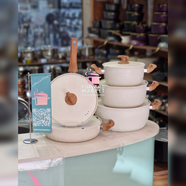 سرویس قابلمه ۱۰ پارچه چدن گرانیت هاناتک مدل طرح برجسته/رنگ کرم