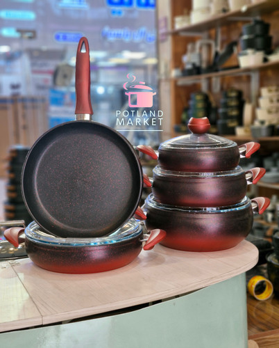 قیمت و خرید سرویس قابلمه ۹ پارچه ترک برند اوزلایف oz life مشکی قرمز