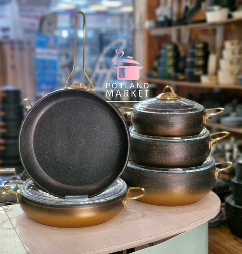 قیمت و خرید سرویس قابلمه ۹ پارچه ترک برند اوزلایف oz life رنگ مشکی طلایی