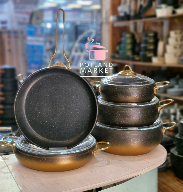 قیمت و خرید سرویس قابلمه ۹ پارچه ترک برند اوزلایف oz life رنگ مشکی طلایی