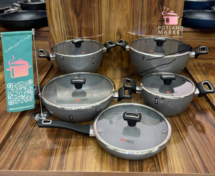 قیمت و خرید سرویس قابلمه ۱۰ پارچه ام جی اس mgs طرح فورج رنگ طوسی